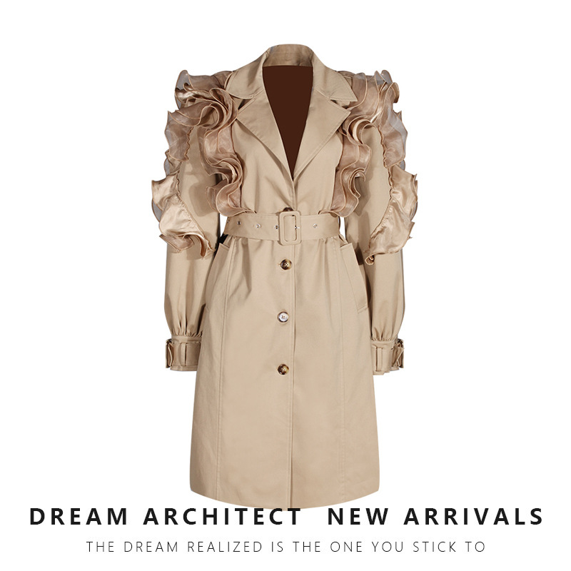 Elegant Mesh Ruffle Patchwork Lapel Lantern Sleeve Trench Coat for Women, Mid-Length Slim-Fit Waist-Cinching Commuter Jacket