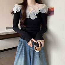 黑色显瘦立体花朵长袖恤女初秋韩系洋气修身别致小衫氛围感上衣