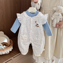 婴儿衣服秋冬装加绒背带裤套装女宝宝冬季超萌夹棉公主哈衣两件套