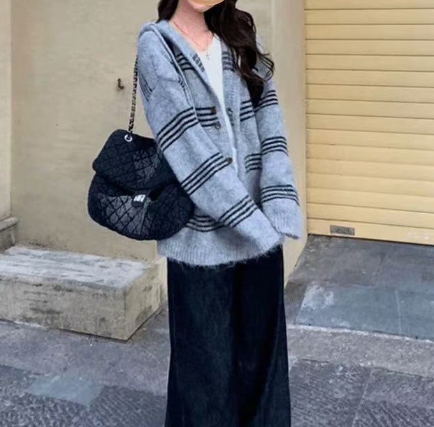 Suéter con capuz a rayas de contraste de color mujer otoño invierno coreano relajado vento largo cardigan de punto chaqueta image 10