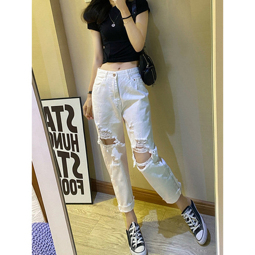 Ripped Denim Jeans for Women: Spring/Summer Straight-Leg, Loose-Fit, High-Waisted, Distressed, Chic, & Trendy Dad-Style Cropped Pants