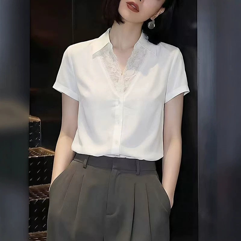 Áo sơ mi nữ ren ghép trắng cổ ve thiết kế dáng suông — trắng chi tiết 3