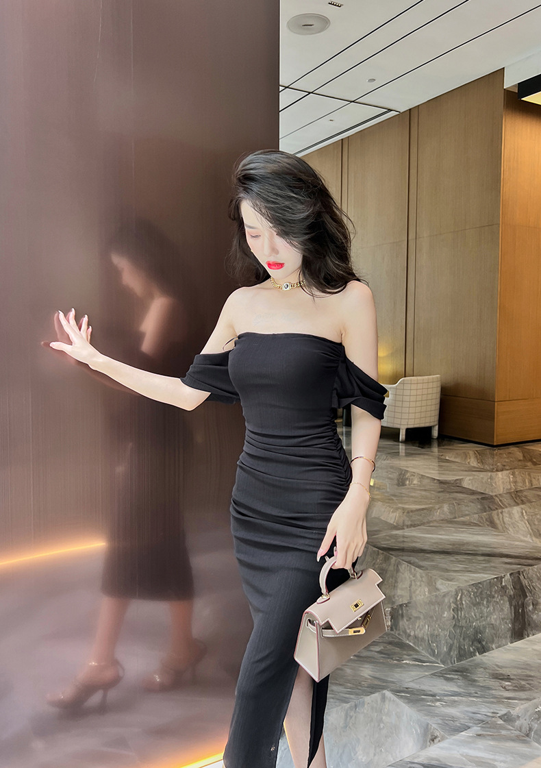 Đầm ôm body nữ trễ vai cổ một đường, phong cách hot girl mùa hè — Màu đen chi tiết 28
