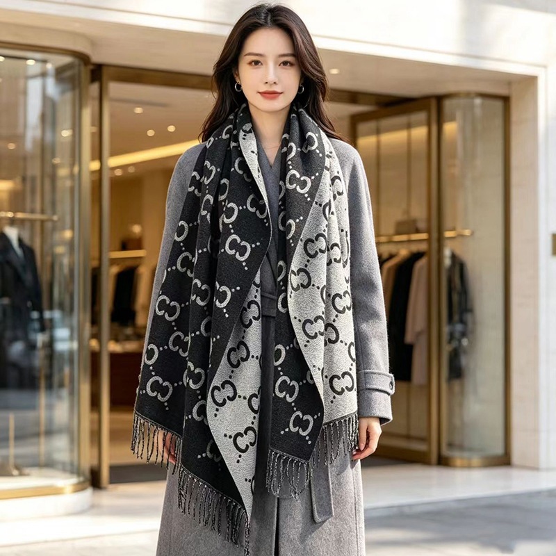 New imitation cashmere letter scarf for women, light luxury and high-end feel, double-sided shawl, warm and thick for autumn and winter, trendy couple's neck warmer