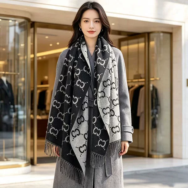 New imitation cashmere letter scarf for women, light luxury and high-end feel, double-sided shawl, warm and thick for autumn and winter, trendy couple's neck warmer