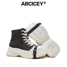 ABCICEY百搭休闲高帮马丁鞋女款厚底增高早秋新款绑带牛仔帆布鞋