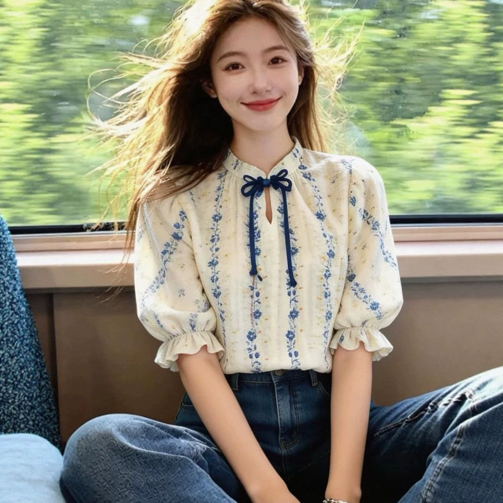 Áo sơ mi nữ cổ đứng tay ngắn phong cách Hồng Kông cổ điển họa tiết sọc hoa — Sọc hoa chi tiết 4