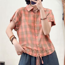 粉色复古格子衬衫女夏新款抽带格子衬衣感甜美减龄短袖上衣