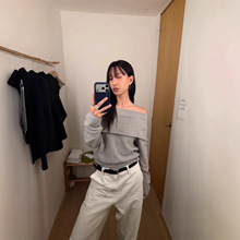 25缦恩韩国东大门 mon*ha冬季新美利奴羊毛休闲一字肩长袖针织衫