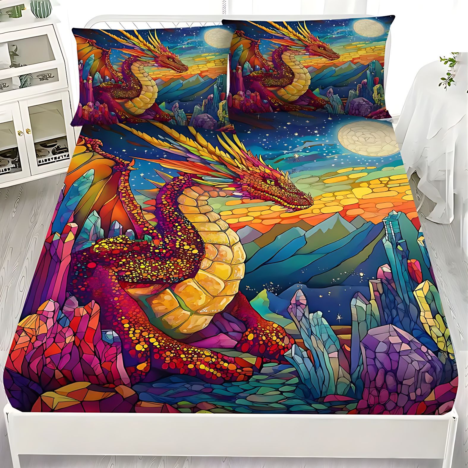 TEMU / JIT multicolor cool dragón de impresión digital 3D cama de cama de cama kit de almohada exclusivo a través de la frontera