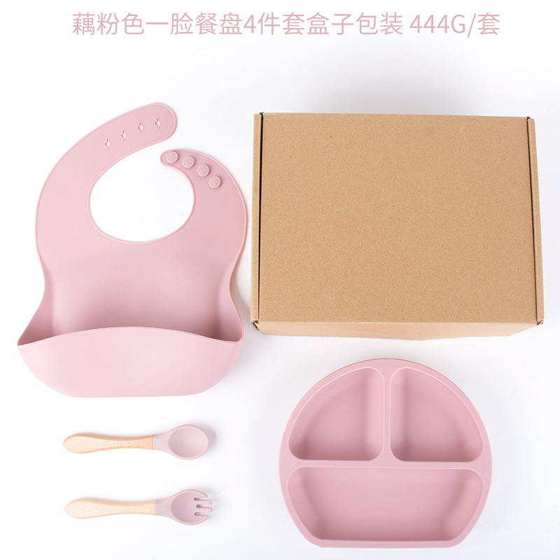 연근 핑크 4피스 디너 접시 세트(턱받이 + 디너 접시 + 나무 손잡이 포크와 스푼) + 비행기 케이스 DM-228-17