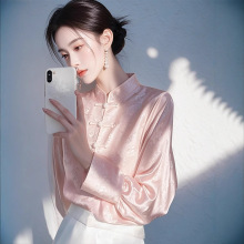 新中式女装国风粉色缎面提花衬衫女2025早春唐装上衣改良盘扣衬衣