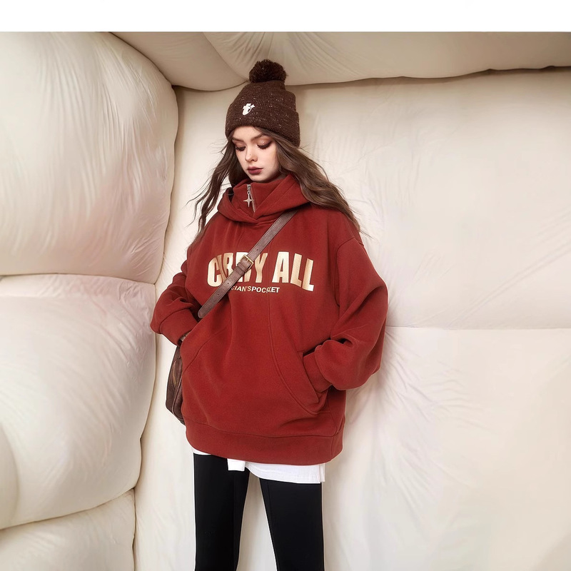 Fairy's Pocket Hooded Velvet Red Christmas Sweater Women's 2024 Autumn and Winter New Thickened Zipper Design Top Fairy's Pocket Hooded Velvet Red Christmas Sweater Women's 2024 Autumn and Winter New Thickened Zipper Design Top