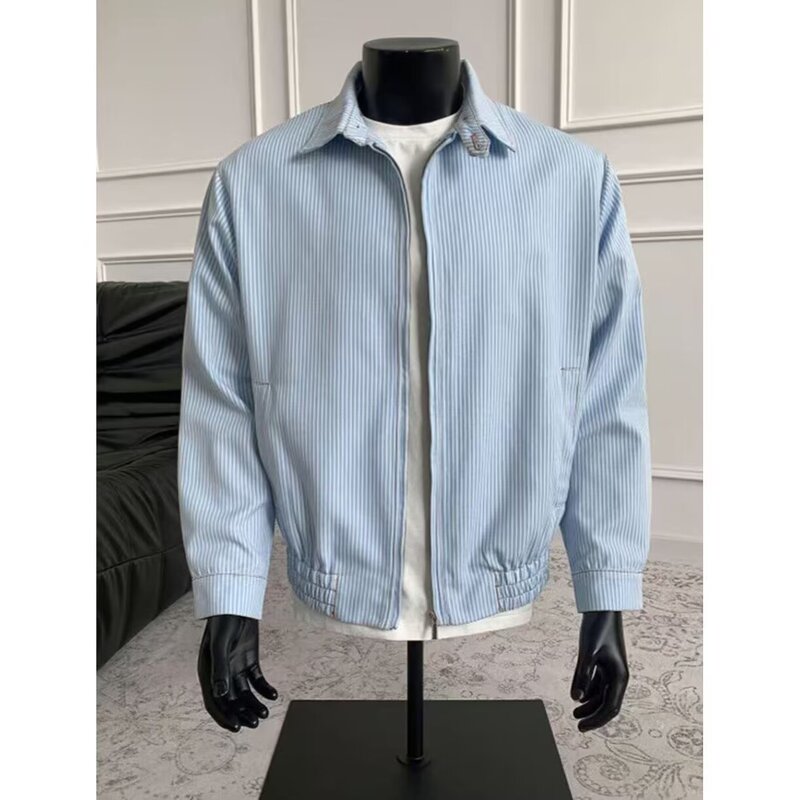 Spring New Trendy Brand Casual Double-Layered Inner Four-Way Elastic Jacket Men's Loose Large Size Light Blue Striped Jacket