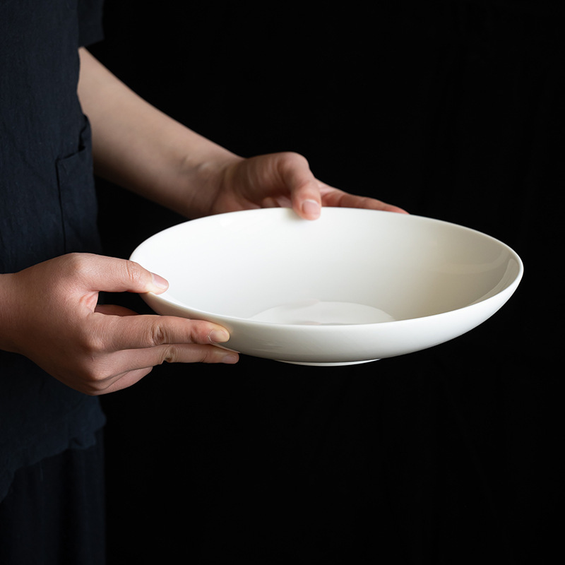 [Off-White] 10.2inch Large Dish Plate Dehua White Porcelain Ceramic Large Deep Dish 1200ml Soup Dish Plate Fried Noodle Plate