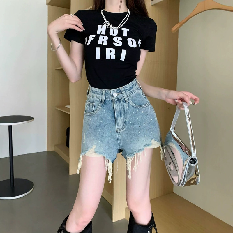 Super popular rhinestone-embellished high-waisted denim shorts for women, summer thin style, American retro, petite A-line wide-leg hot pants Super popular rhinestone-embellished high-waisted denim shorts for women, summer thin style, American retro, petite A-line wide-leg hot pants