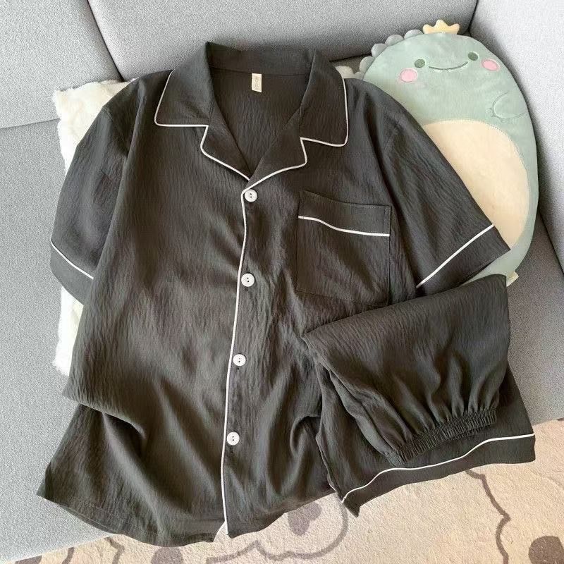 Summer Men's Cloud Cotton Double Short Two-Piece Pajamas, Simple Solid Color Lapel Cardigan, Home Clothes, Thin Style That Can Be Worn Outside