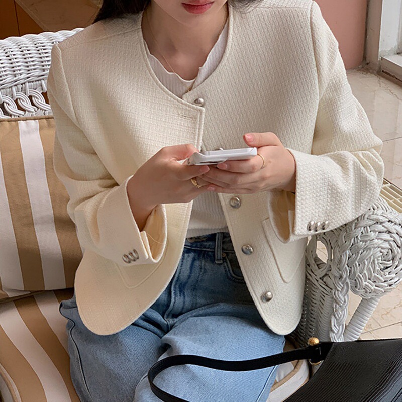 东大门ins秋装新品法式复古优雅气质别致金属银扣小香风短外套女|undefined