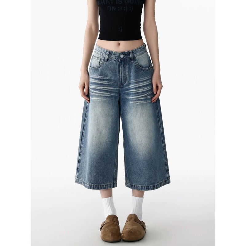 American Retro Wide-Leg Cropped Jeans for Women, Summer Thin Low-Waist New Style, Loose Straight Mid-Length Pants