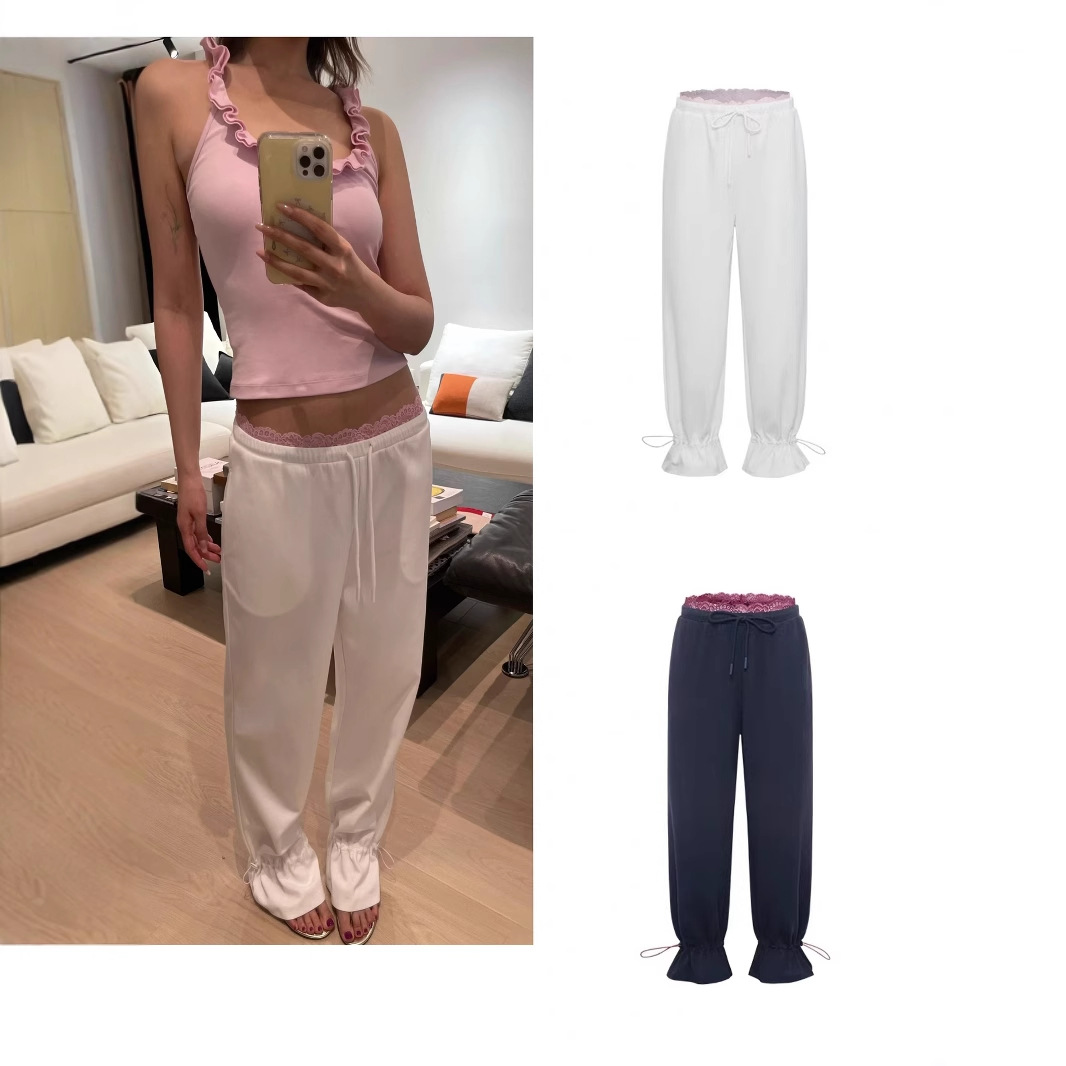 Discounted Clearance/In-Stock Lace Waistband Jogger Pants with Low Waist and Color-Blocking Wide-Leg Design for Women, Navy Blue/White