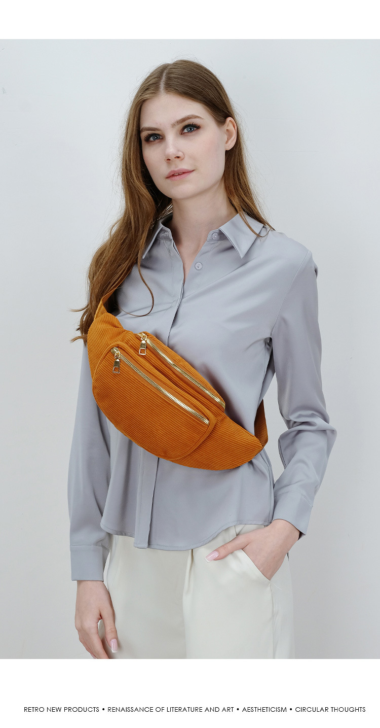 101g Weight Polyester Lining Material Zipper Closure Type Single Shoulder Strap Strap Type Fanny Pack Bags Type Casual, Street Occasion Corduroy Material Solid Color Pattern Spring Season Women's Gender Streetwear Style Dumpling Shape Shape Medium Size Women's Streetwear Solid Color Corduroy Waist Bags 5