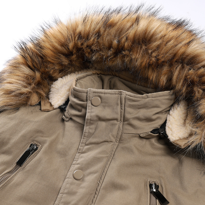 Algodão com pelúcia masculina de comprimento médio, casaco de algodão com vários bolsos de inverno engrossado, casaco de gola de lã para aquecimento_voghion.com