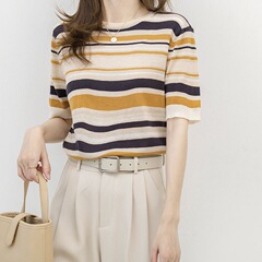 100純綿のニットの女性の上着の半袖の丸首のゆったりしたストライプの色合わせの半袖のtシャツ2025新型の夏