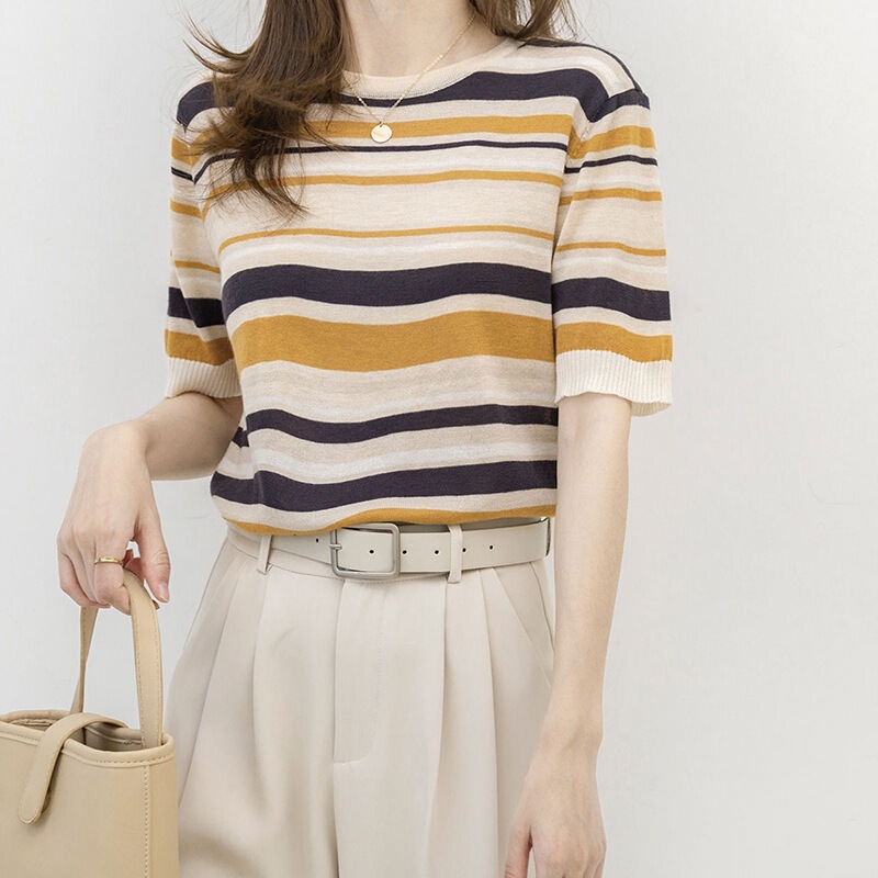 100 Cotton Knitwear Women's Top Short-sleeved Round Neck Loose Striped Colorblock Half-sleeved T-shirt 2025 New Summer