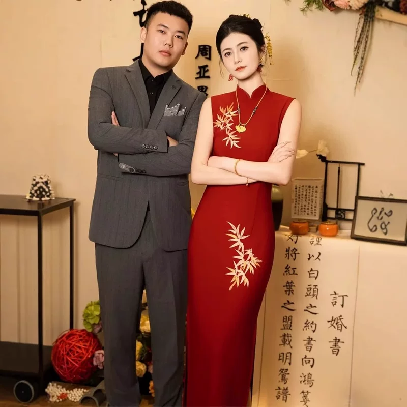 Summer evening dress for bride, long cheongsam, elegant skirt, fitted