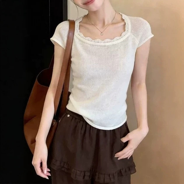 French-Style Exquisite White Lace Knit Short-Sleeve T-Shirt for Women, Unique and Beautiful, Versatile and Non-Repetitive Top for Summer 2026