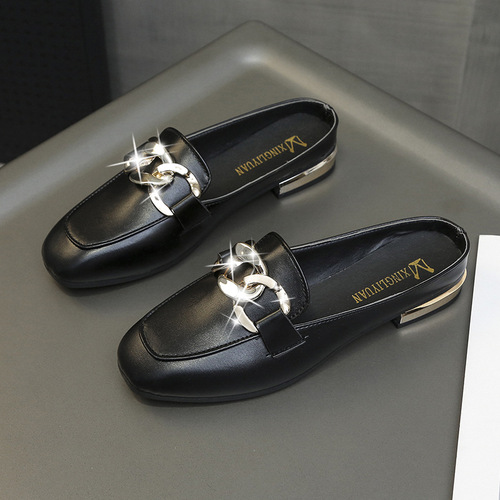 Baghouo Half Slipper Women's Korean Version 2024 New Mule Shoes for Girls, Outdoors, Flat, Fashionable, Square-toe Flat Slipper