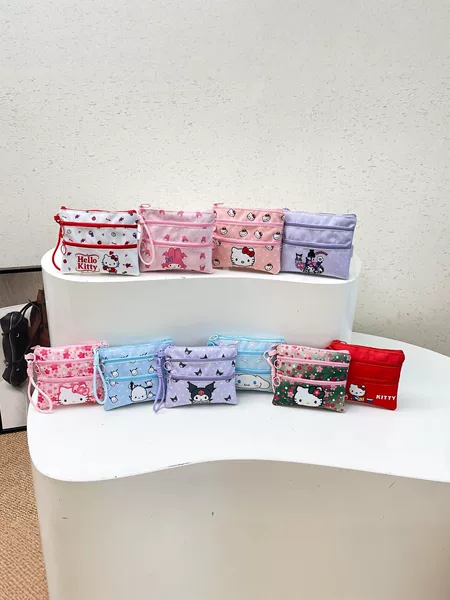 Cute Cat Children's Three-Zipper Storage Bag, Cute Cartoon Coin Purse for Girls, Portable Small Bag for Students