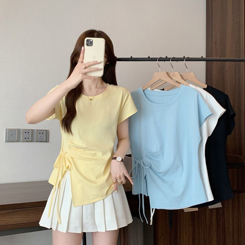 大きいサイズの右肩不規則ウエストプリーツ半袖Tシャツ女性用2025夏少し太ったmm痩身お腹カバートップ|undefined