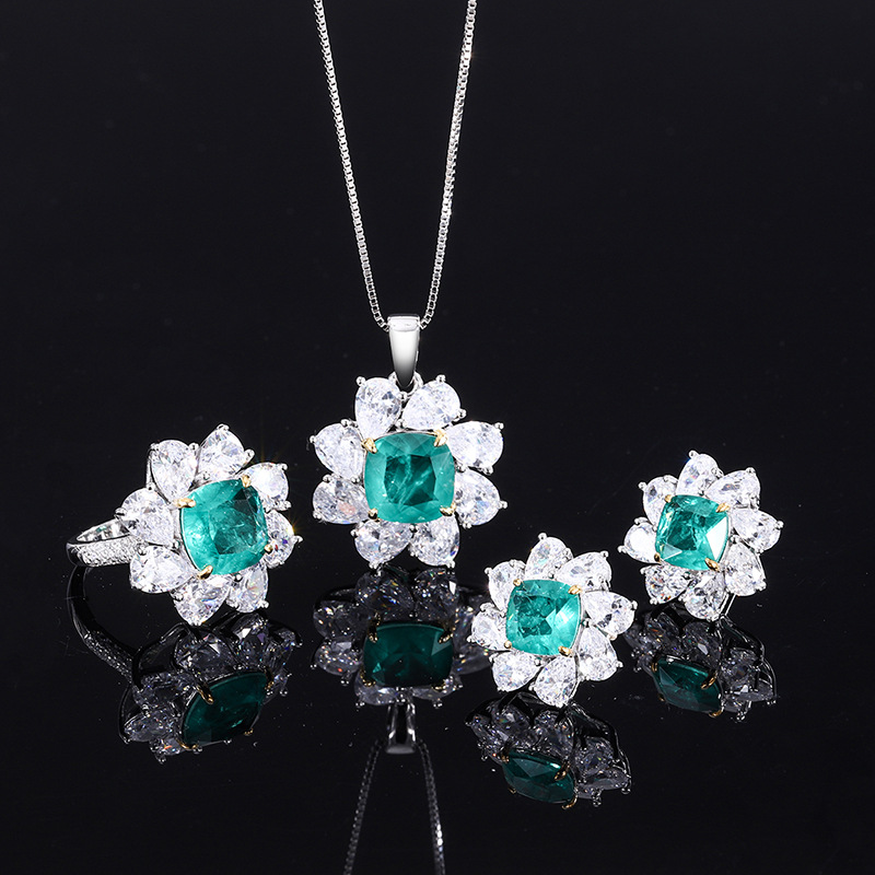 Zhuang Sheng joyería S925 plata artificial madera verde esmeralda 10*10 colgante anillo 8*8 pendientes traje femenino