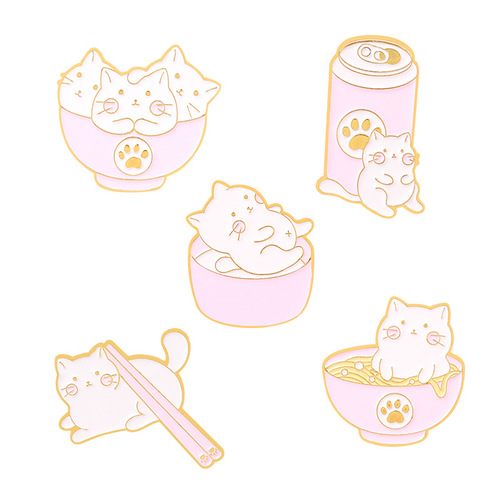 Amazon hot-selling new product creative cartoon kitten ramen bowls and chopsticks style painted alloy badge brooch wholesale