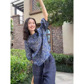 国风立领盘扣衬衫女2025夏季新款新中式碎花宽松百搭薄款上衣女