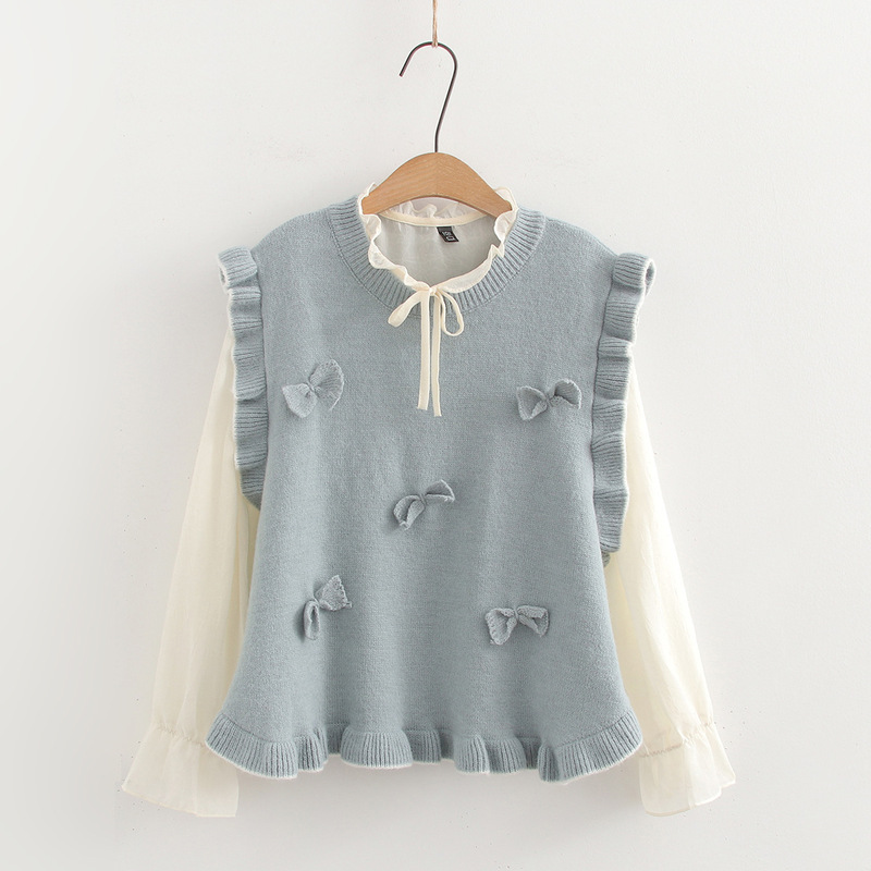 Japanese-style Three-dimensional Bow Knitted Sweater Vest Women's Autumn and Winter Wear Sweet Cute Waistcoat Sweater Vest