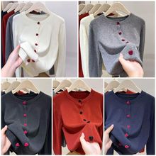 跨境外贸女装春秋季爱心纽扣韩版纯色圆领长袖百搭开衫针织外套