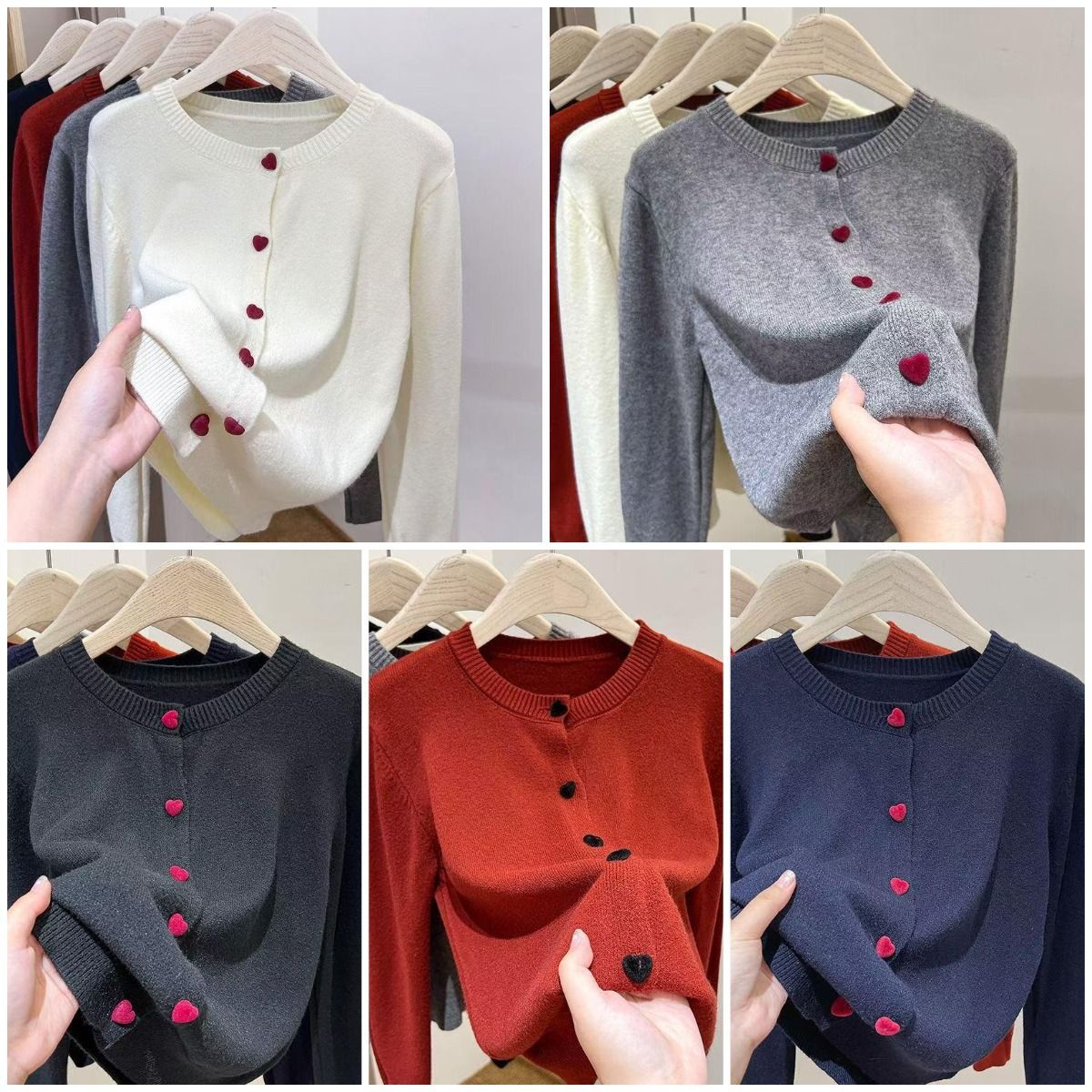 跨境外贸女装春秋季爱心纽扣韩版纯色圆领长袖百搭开衫针织外套