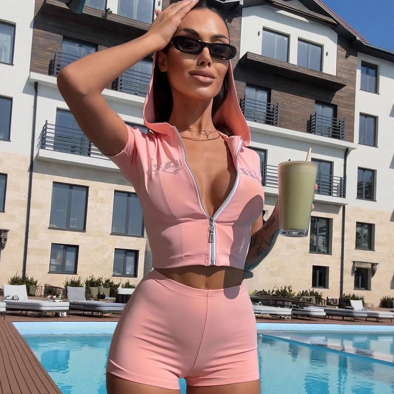 European and American Women's Clothing, Personalized Sports Style Two-Piece Set, Hot Diamond Hooded Zipper Cardigan, Low-Waist Navel-Baring Butt-Lifting Casual Shorts
