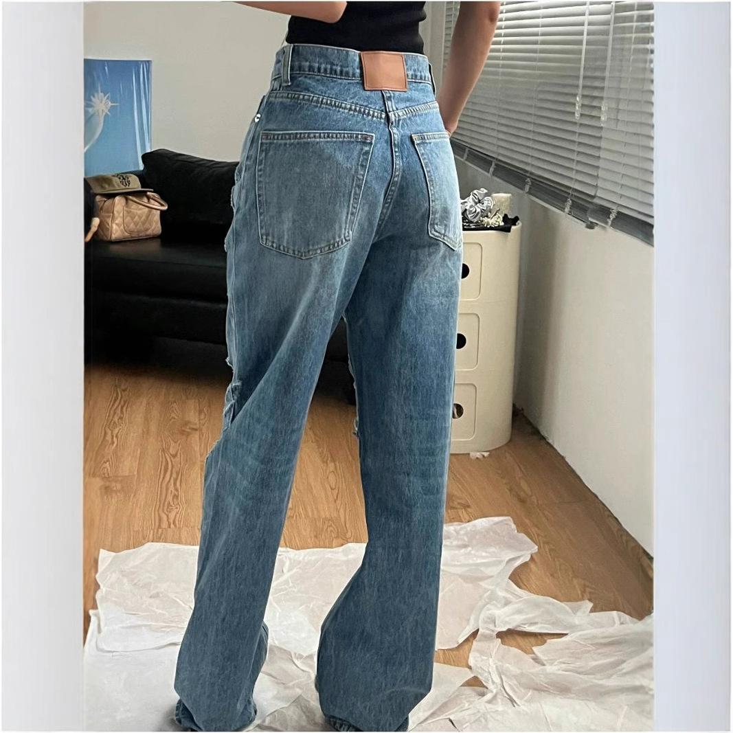 Hole without meat 2025ss summer simple fashion letters handmade old craft tattered high waist blue Denim