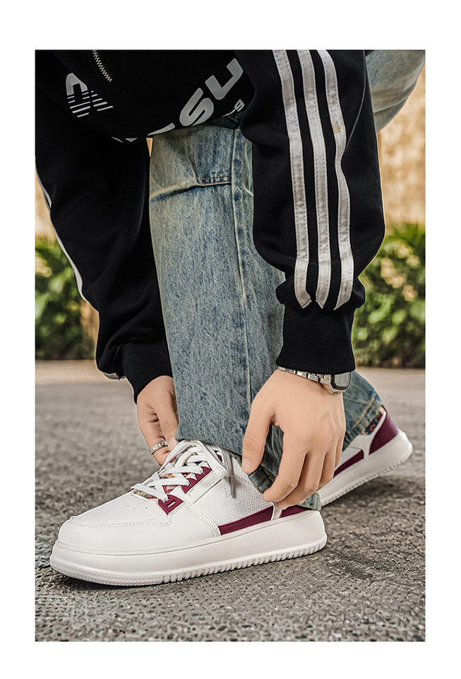 Giày sneaker cổ thấp mũi tròn rộng, đế dày tăng chiều cao, mặt da chống nước, dây buộc — Bạch tửu đỏ 8811, Trắng kaki 8811, Trắng đen 8811 chi tiết 21
