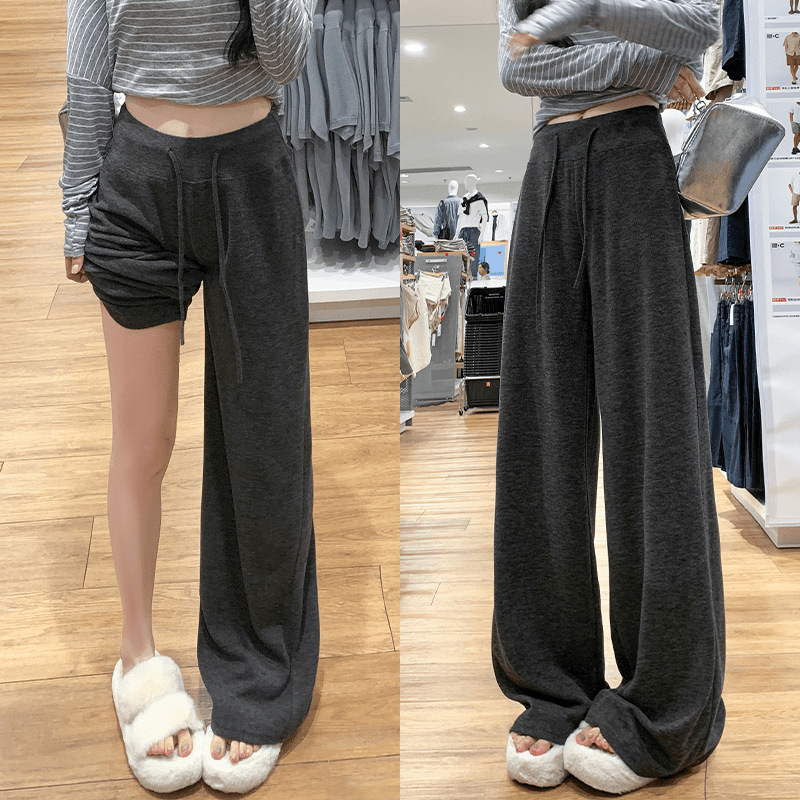 Gray Glutinous Rice Pants for Women, Spring and Autumn 2025 New High-Waisted Slimming Straight Pants, Petite Drape Casual Wide-Leg Pants
