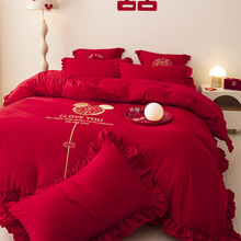 婚庆大红色床裙四件套结婚被子夹棉床罩款床上蕾丝花边床单被罩套