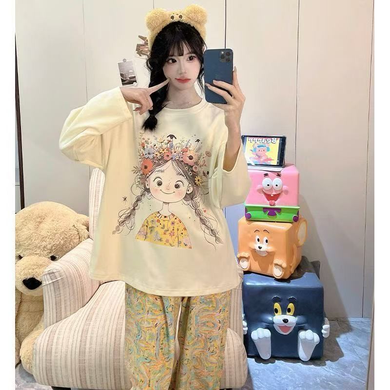 Pijamas al por mayor transfronterizos de primavera y otoño nuevos pantalones de manga larga estudiantes dibujos animados lindos y sueltos set de ropa de hogar