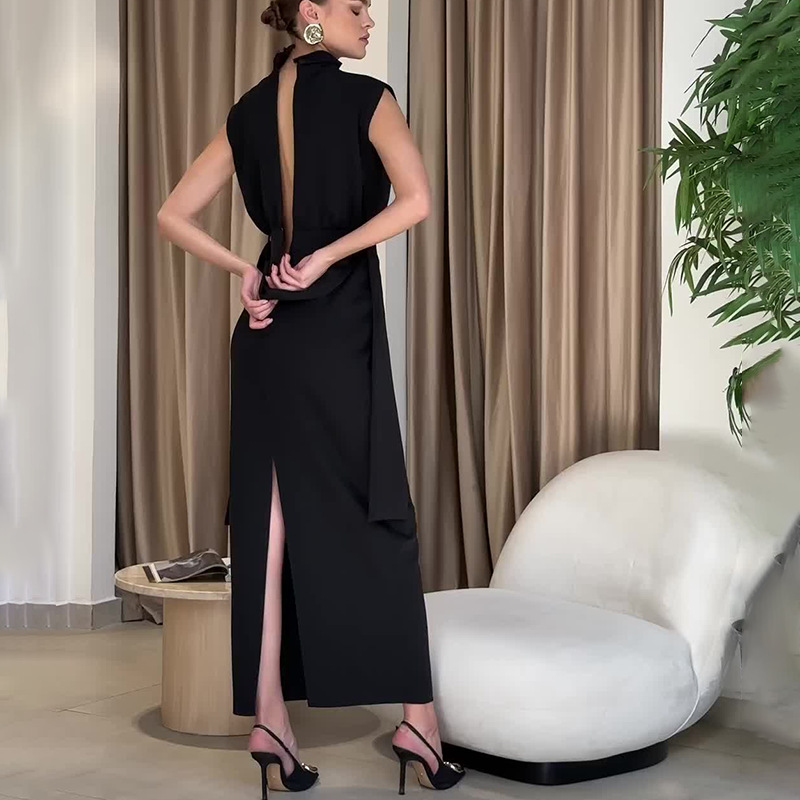 Women's Sheath Dress Elegant Standing Collar Belt Sleeveless Solid Color Maxi Long Dress Holiday Daily display picture 5
