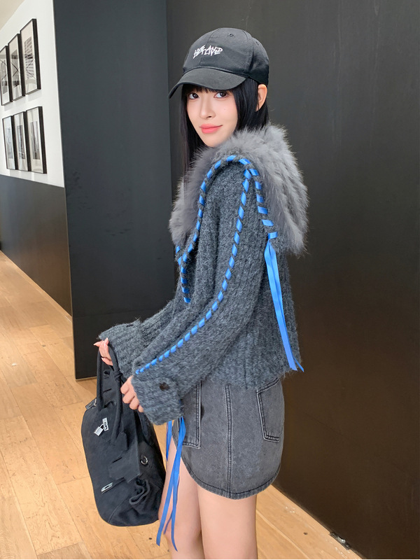 秋冬新慵懒风狐狸毛车条撞色织带毛衣女修身绒感翻领外套开衫显瘦|undefined