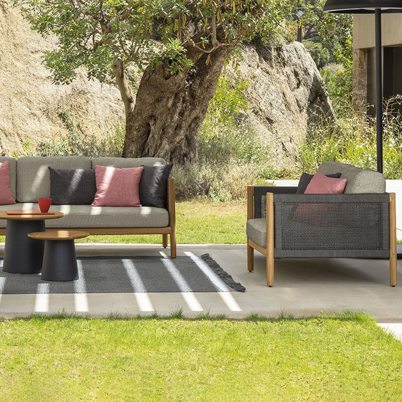 Sofá de teca al aire libre patio minimalista terraza jardín villa impermeable combinación de muebles de ocio solar image 4