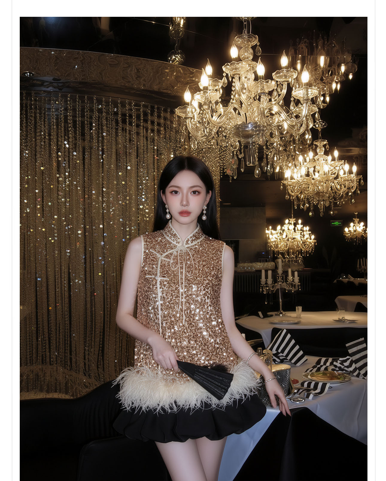Bộ áo khoác không tay kết hợp váy ngắn phong cách tân cổ điển, đính lông đà điểu và sequin — Lạc đà [Áo khoác không tay], Mơ [Váy ngắn] chi tiết 15