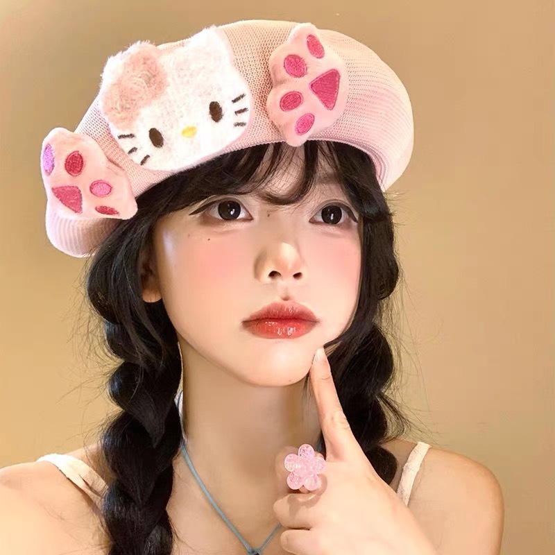 粉色Kitty猫咪贝雷帽女夏季薄款透气可爱帽子显脸小画家帽子批发|undefined